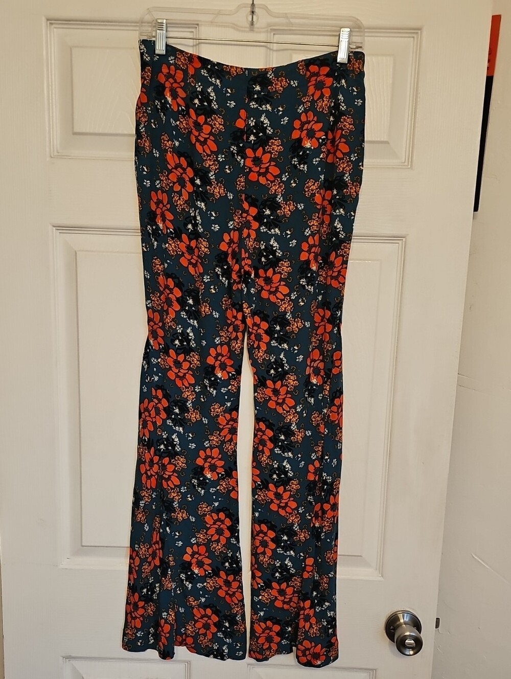 Free People Floral Wide-Leg Pants - Navy with Orange Blooms